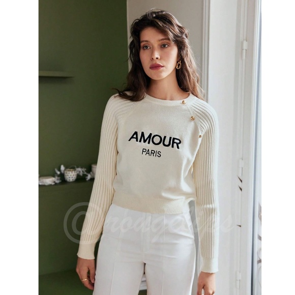 Off White French Style Knit Sweater Text Embroidery Amour Paris Long Sleeve - Picture 3 of 8